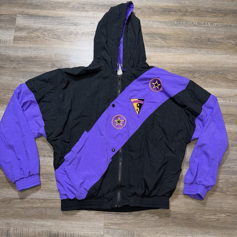 VTG 90s Speedo Windbreaker Jacket Mens 2X-Large Black Purple Color-Blocked